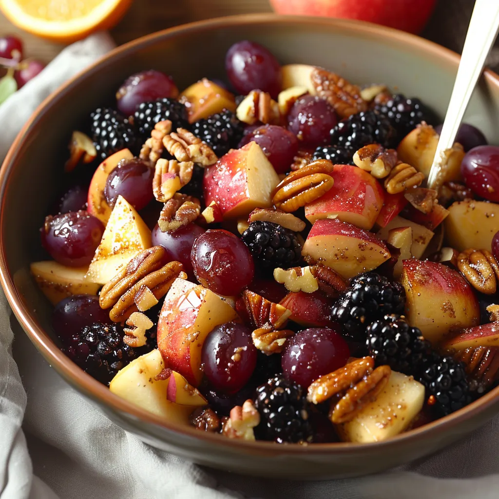 A bowl of fruit with blackberries, apples, and walnuts.