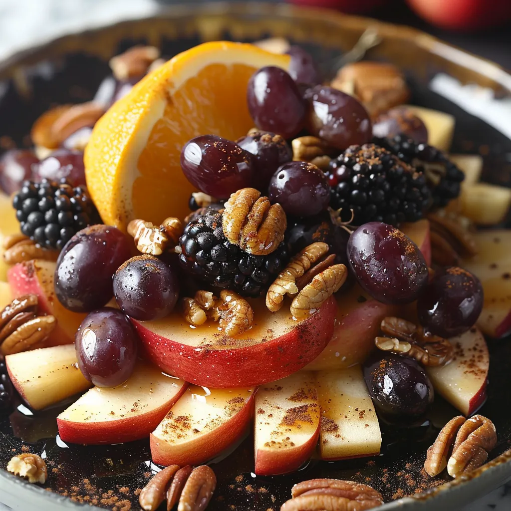 A plate of fruit with a slice of orange on top.