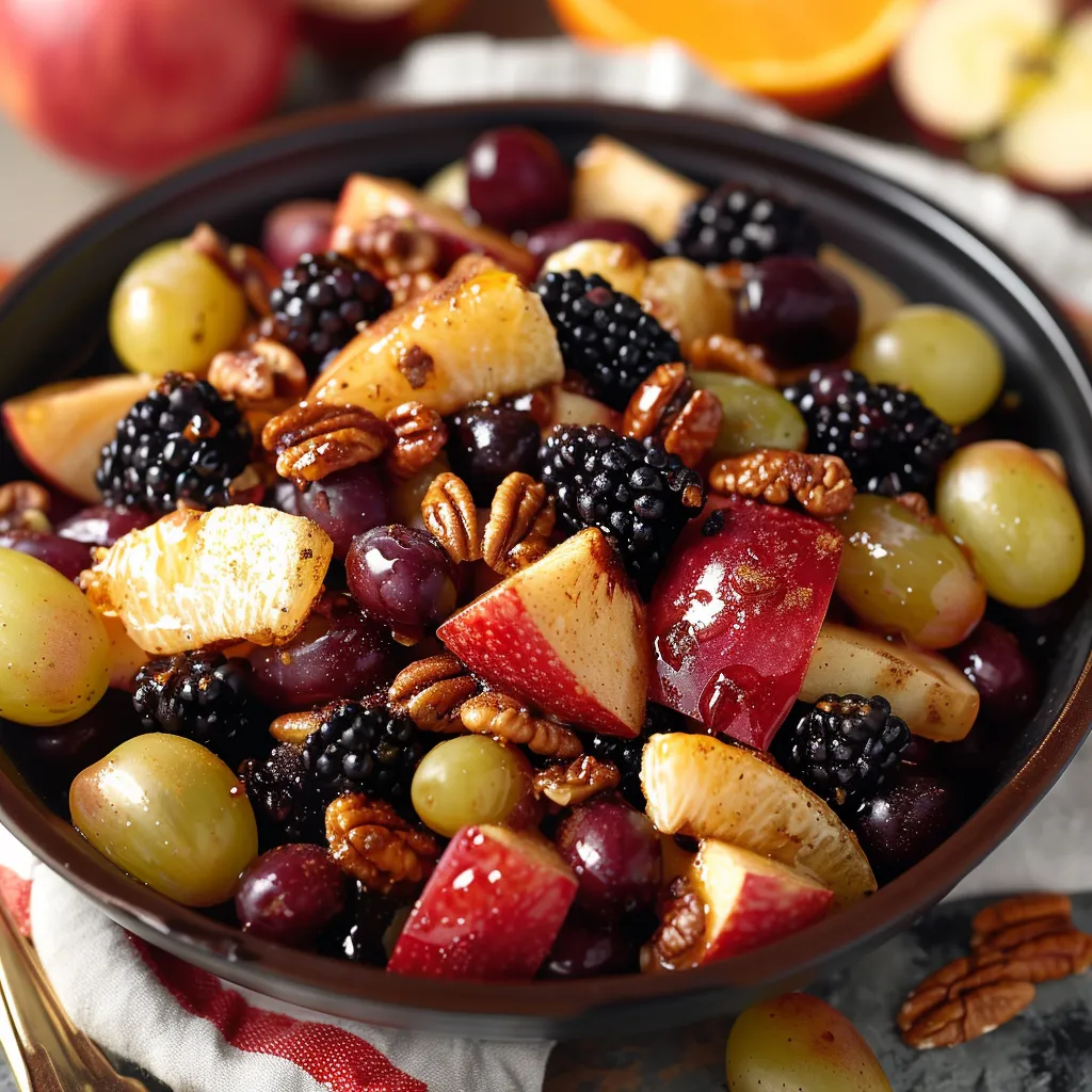 A bowl of fruit with grapes, apples, and oranges.