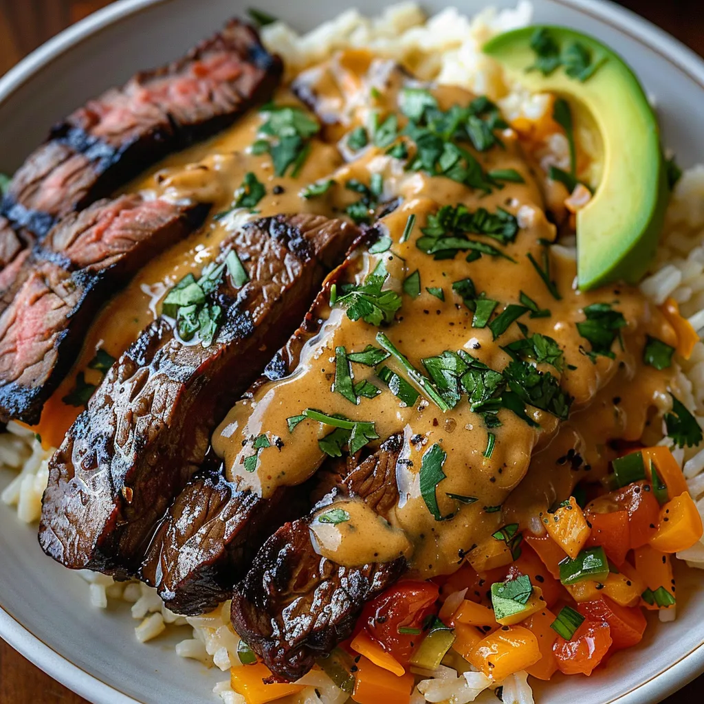 A plate of food with rice, meat, and sauce.