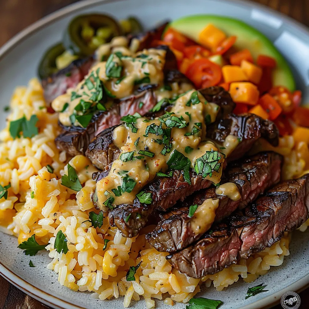 A plate of food with rice and meat.