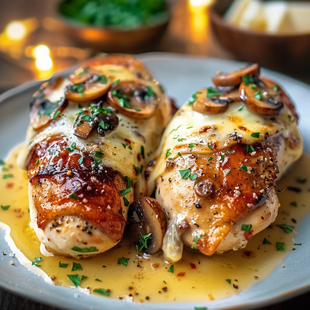 Two pieces of chicken with mushrooms on a plate.