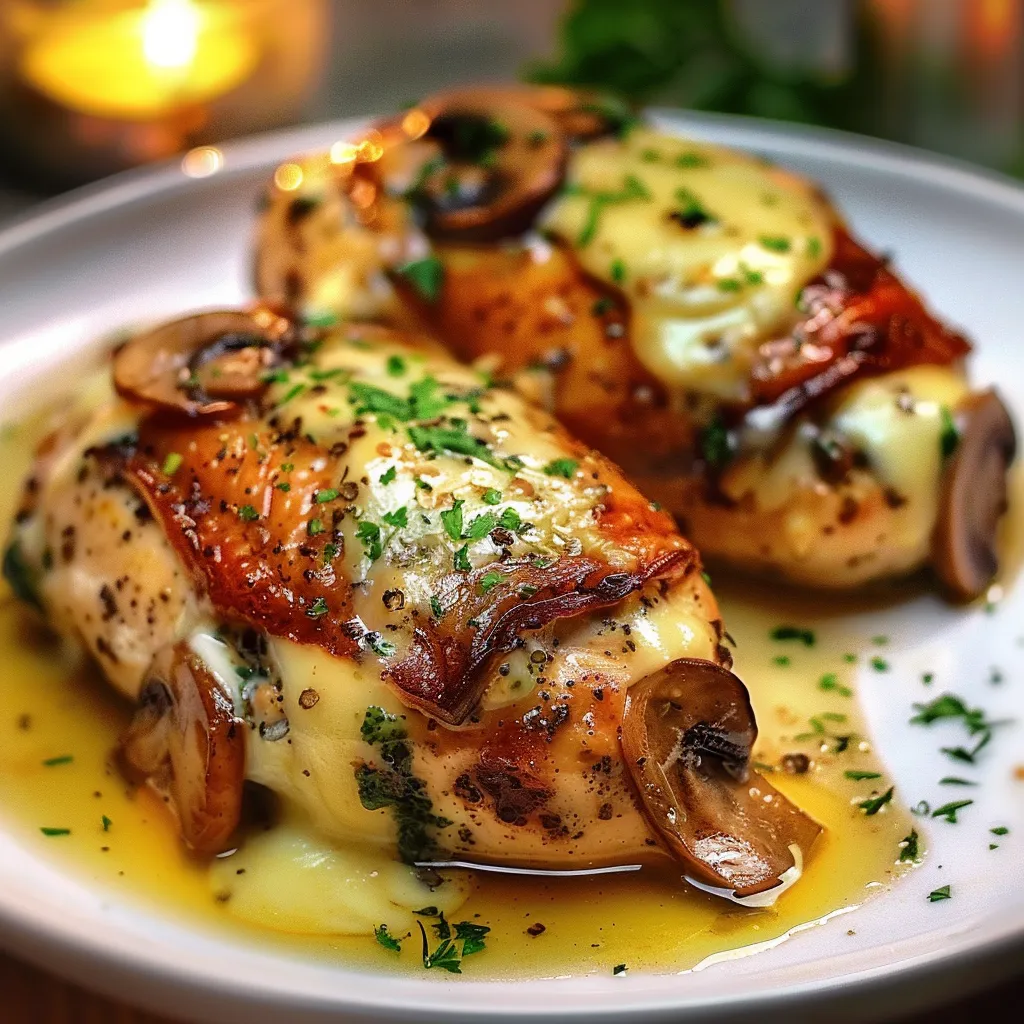 A plate of chicken with mushrooms and herbs.