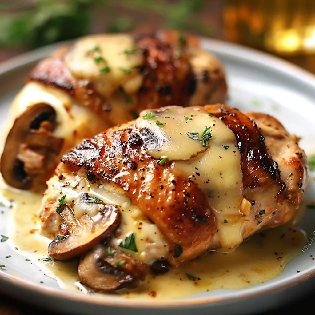 A plate of chicken with mushrooms and cheese.