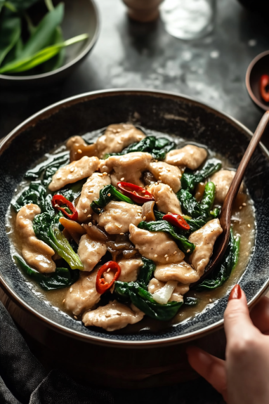 A bowl of chicken and vegetables.