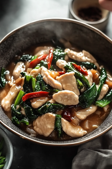 A bowl of food with chicken and broccoli.