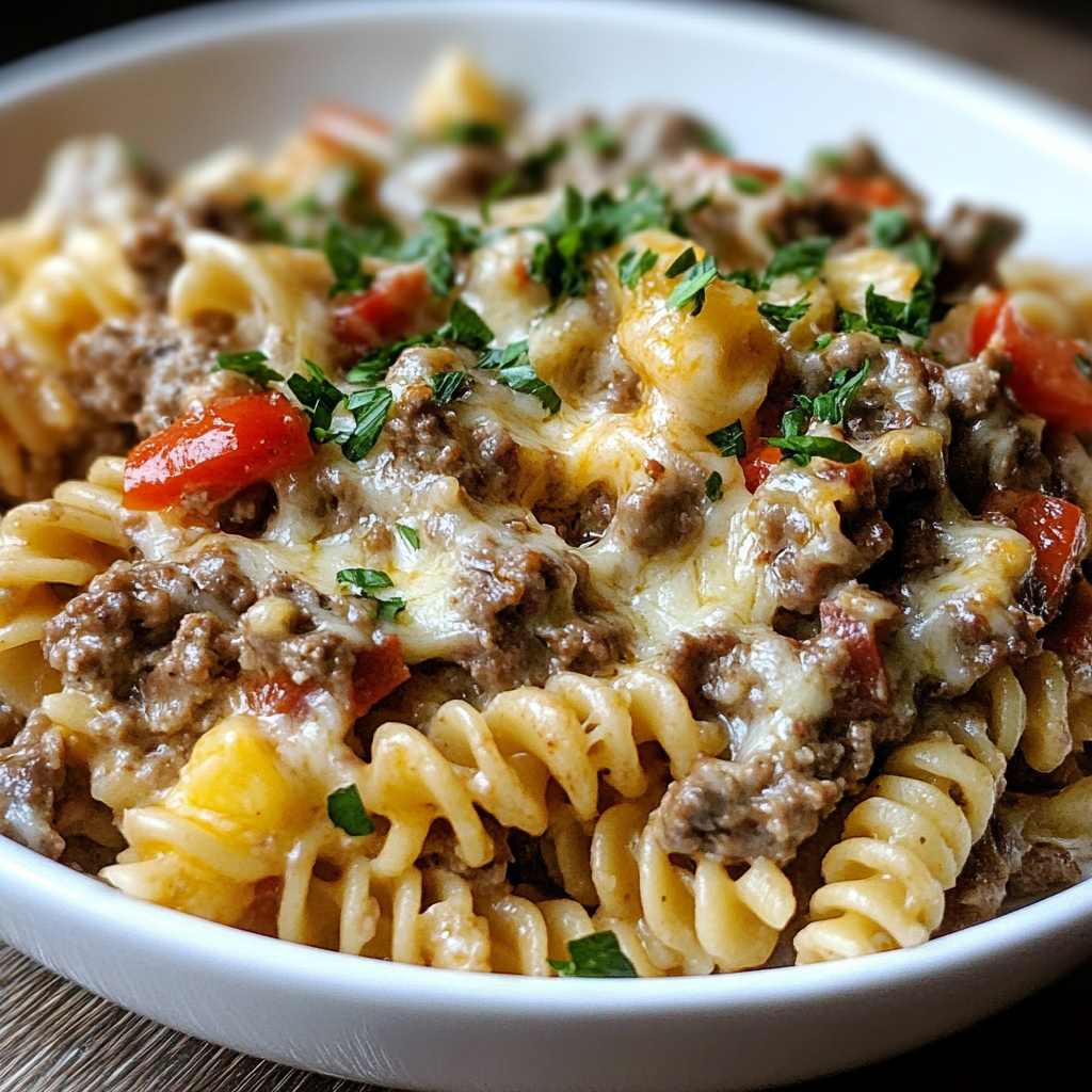 A bowl of pasta with meat and cheese.