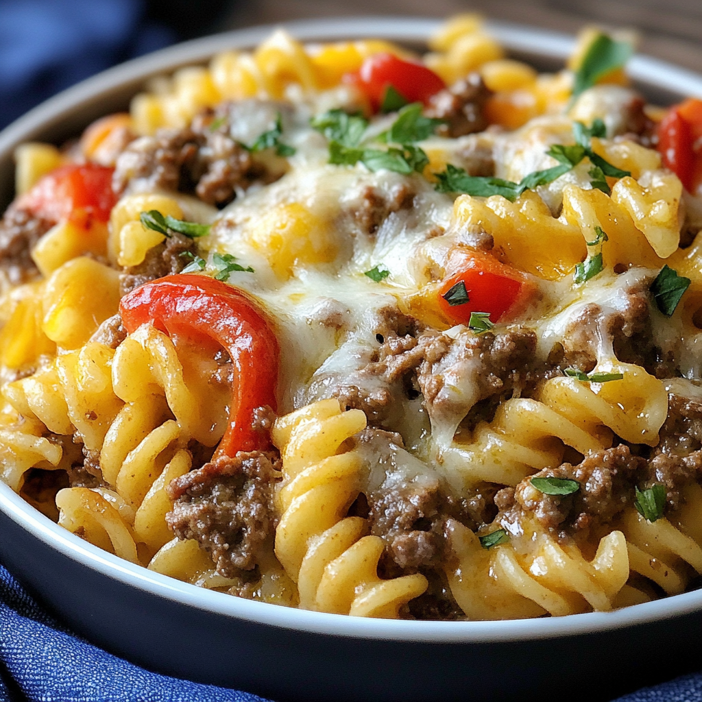 A bowl of pasta with meat and cheese.