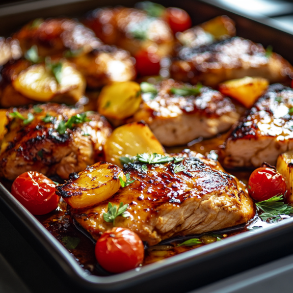A pan of chicken with pineapple and tomatoes.