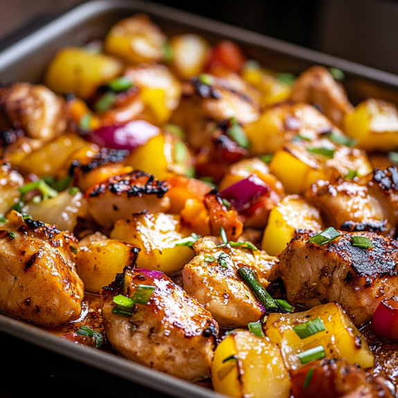 A pan of chicken with pineapple and onions.