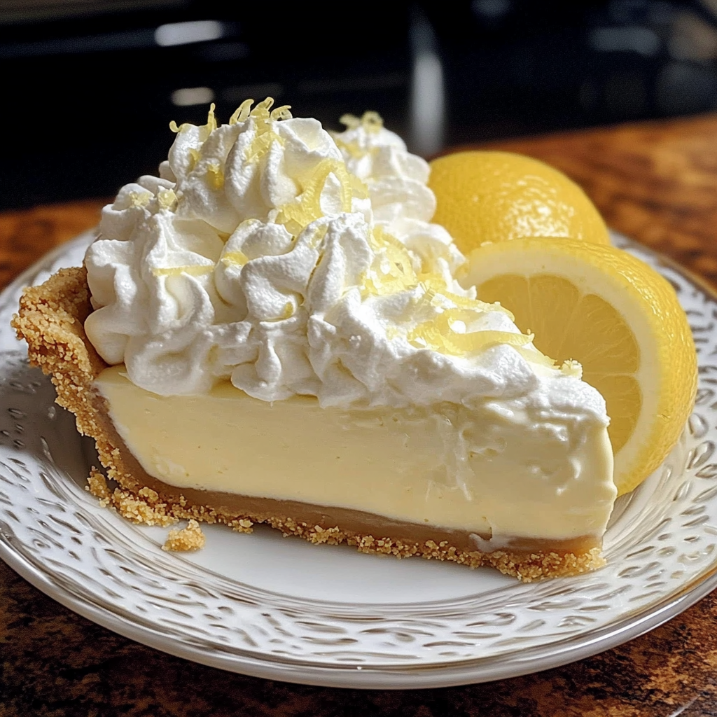 A slice of a no-bake cream cheese lemonade pie.
