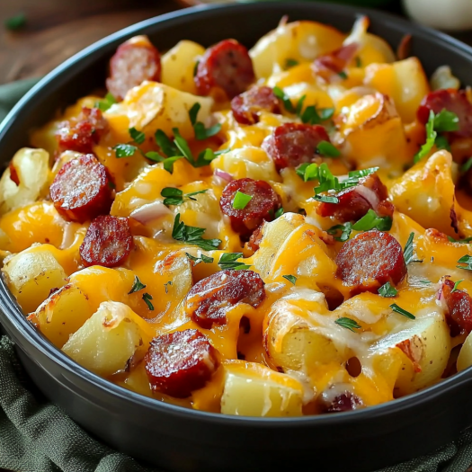 A dish of cheesy ranch potatoes and sausage.