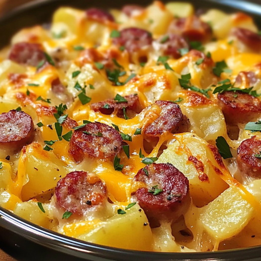 A plate of cheesy ranch potatoes and sausage.