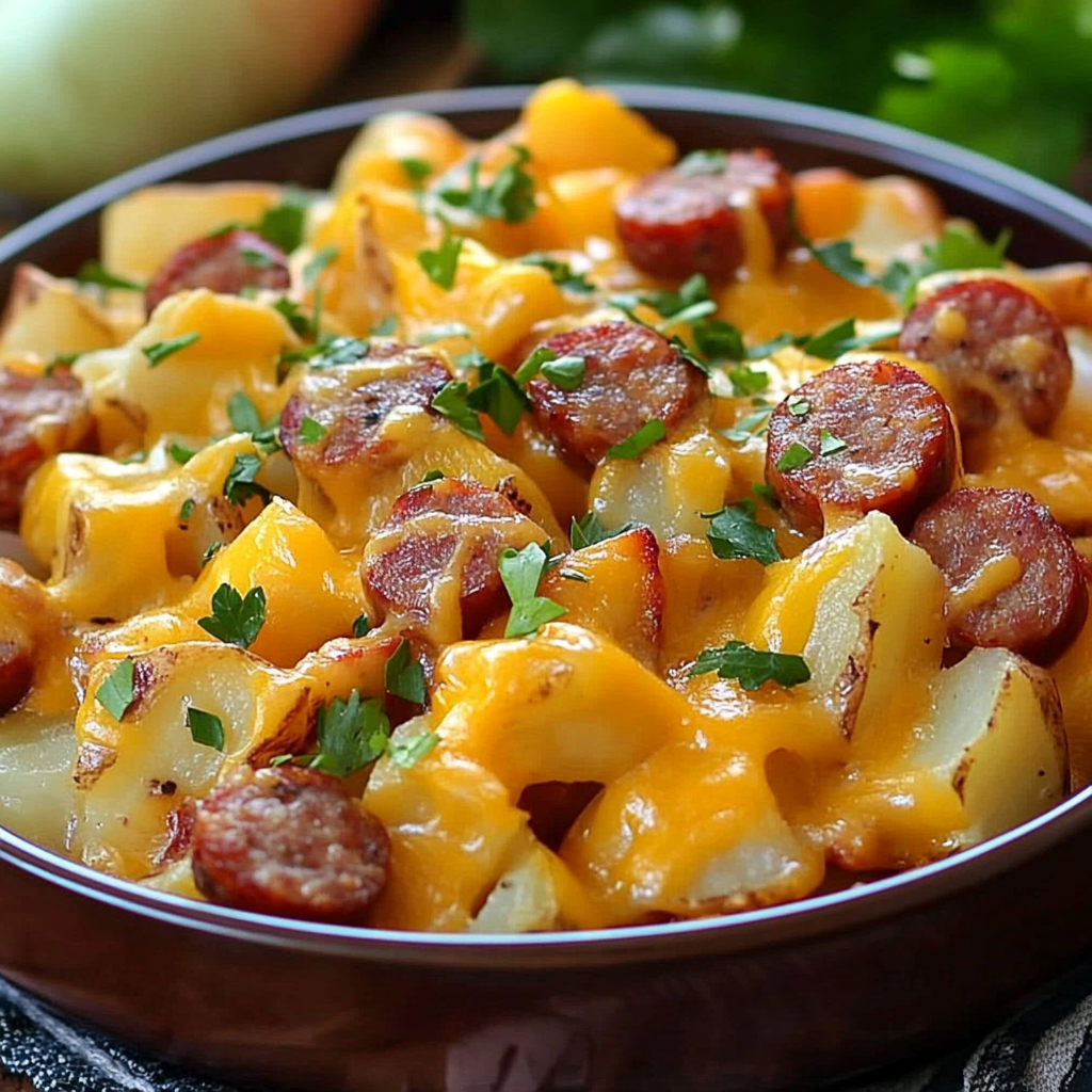 A plate of cheesy ranch potatoes and sausage.