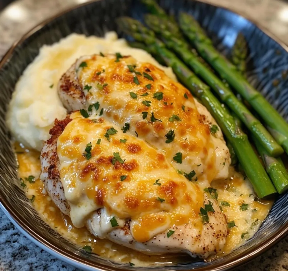 A plate of cheesy ranch chicken with asparagus on the side.