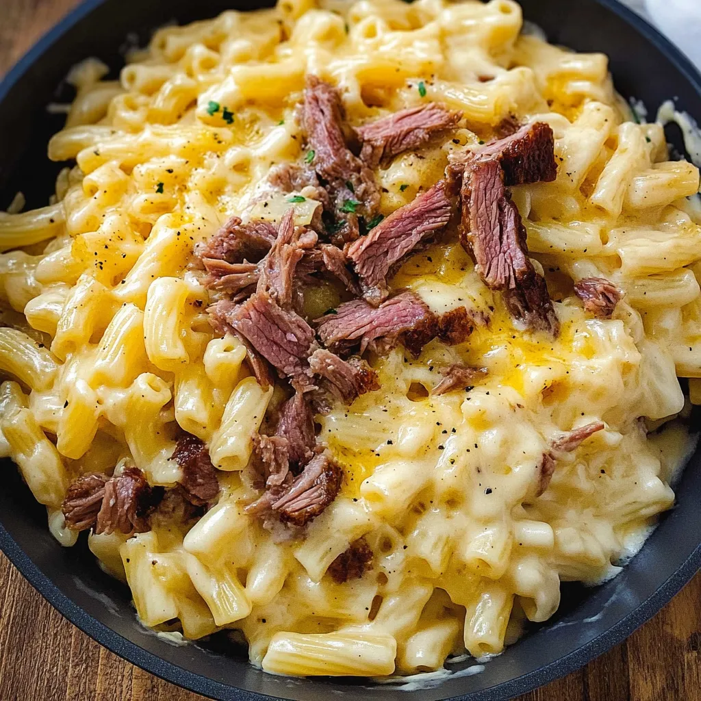 A bowl of mac and cheese with meat on top.