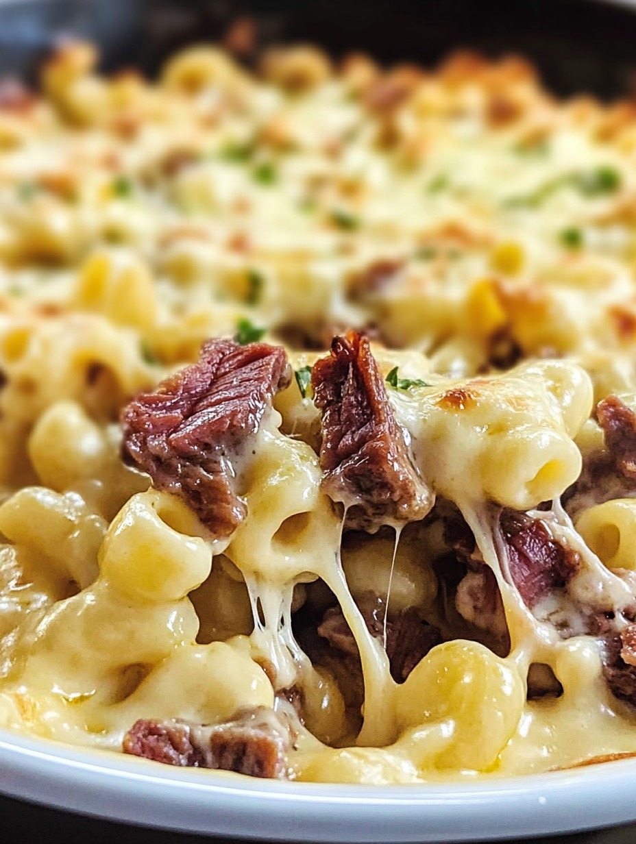 A close up of a delicious brisket mac and cheese.