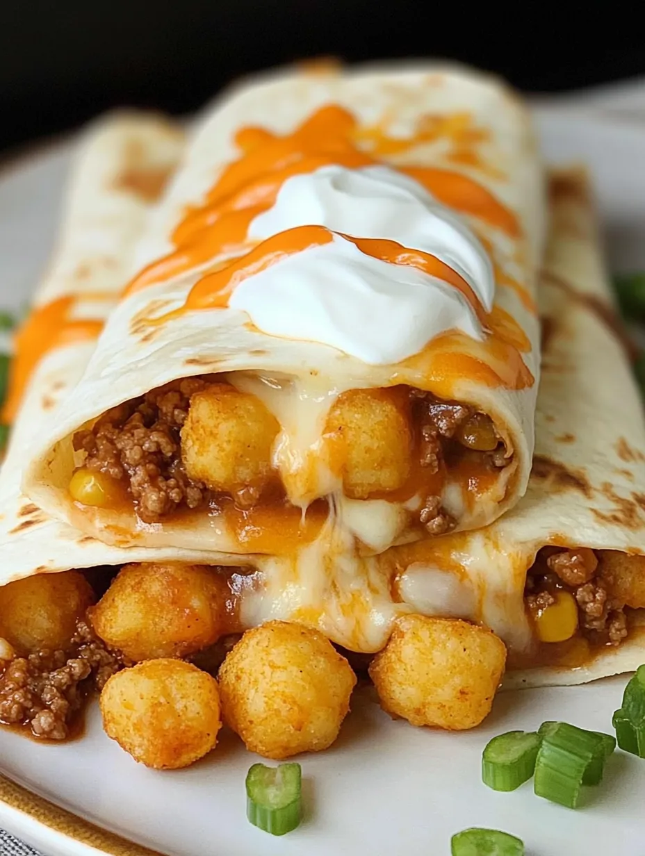 A cheesy potato burrito with a dollop of sour cream on top.