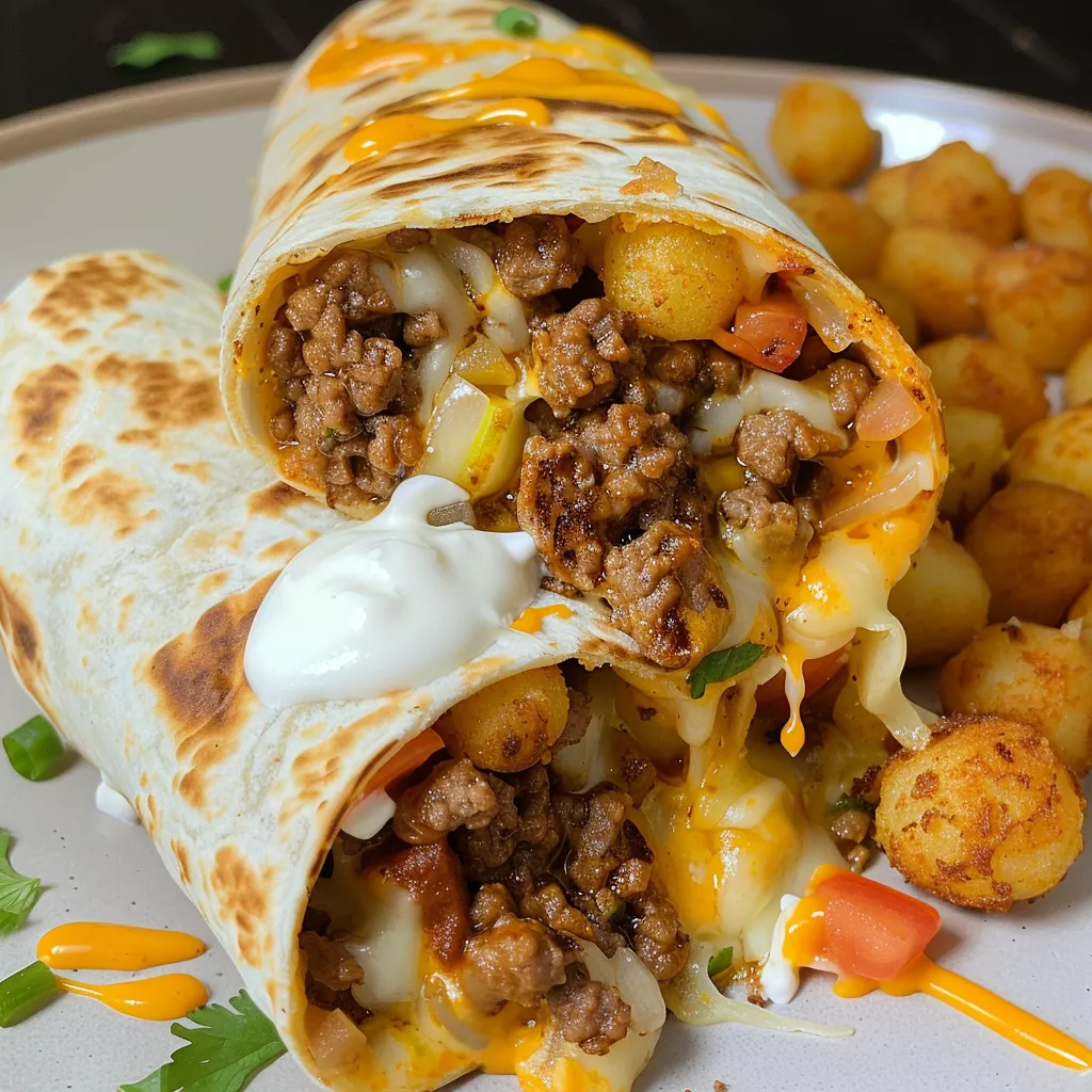 A cheesy potato burrito with a dollop of sour cream on top.