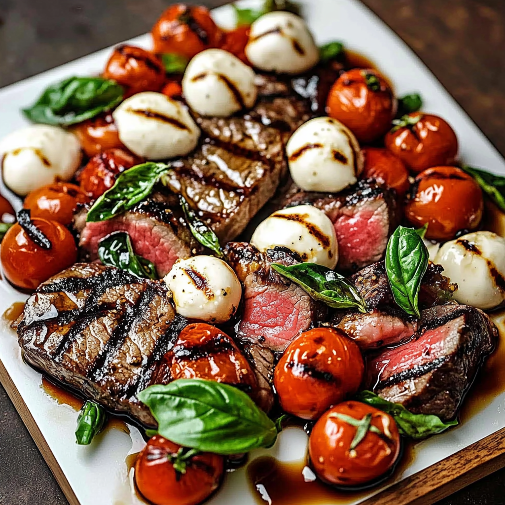 A plate of grilled flank steak with tomatoes and basil.