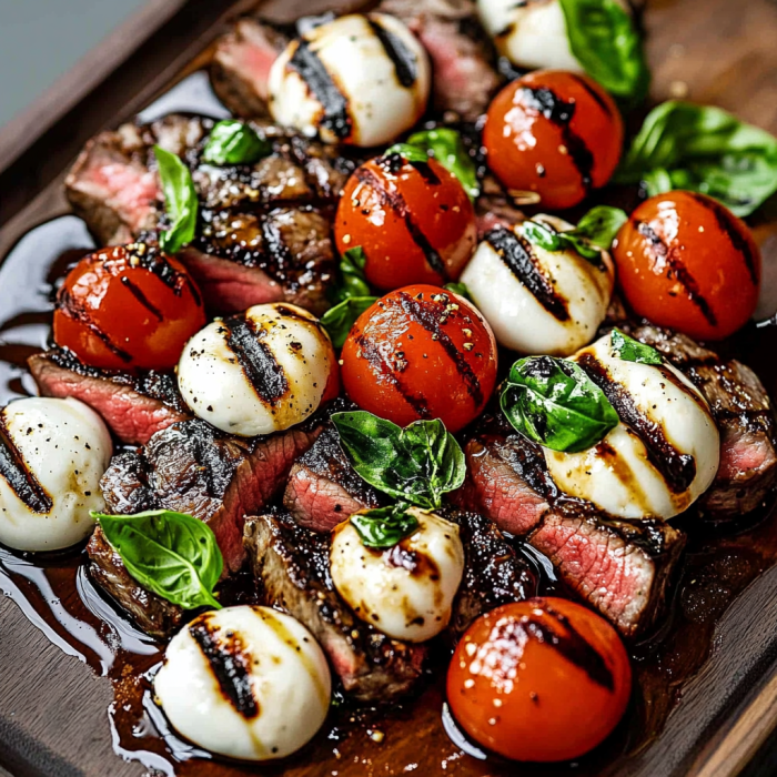 A grilled flank steak with tomatoes and cheese.