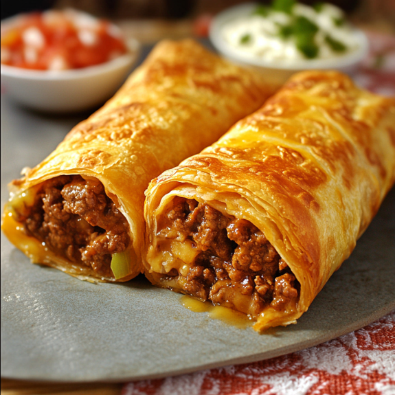 Two beef and cheese chimichangas on a plate.