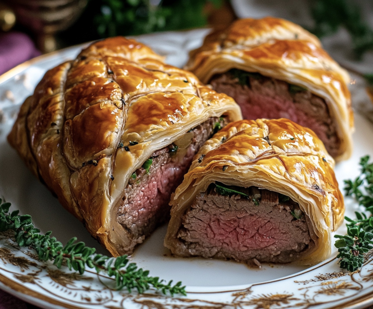 Two mini beef wellingtons on a plate.