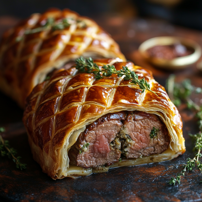 A mini beef wellington with herbs on top.