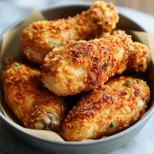 A bowl of chicken wings with a green herb on top.