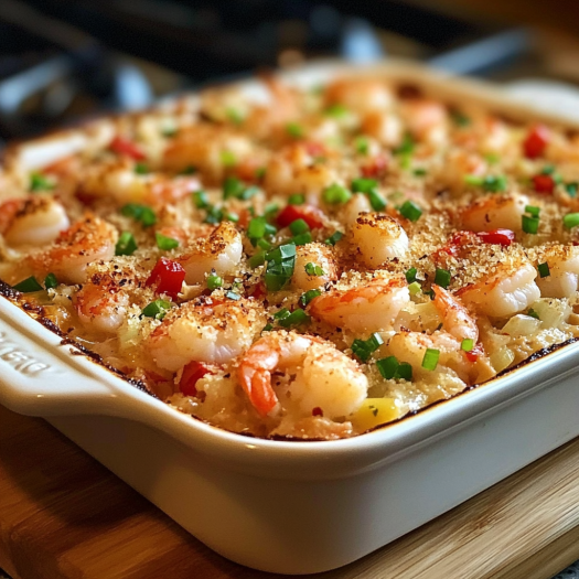 A casserole with shrimp and crab in it.