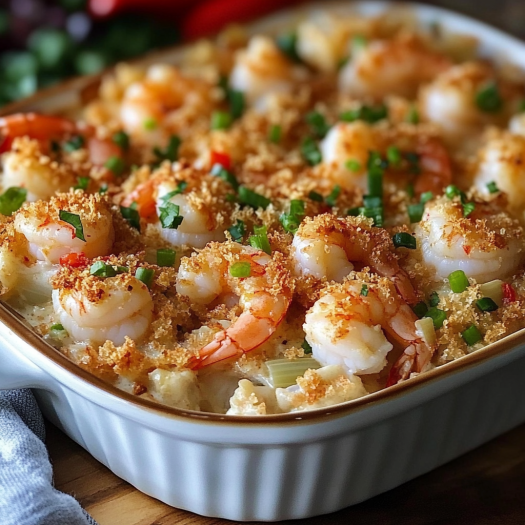 A crab and shrimp casserole in a white bowl.