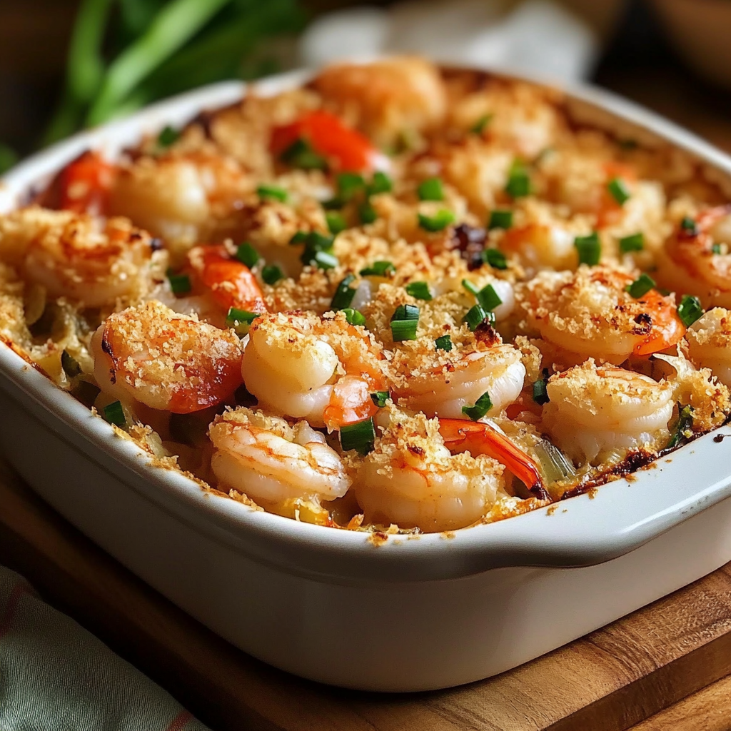 A crab and shrimp casserole in a white bowl.