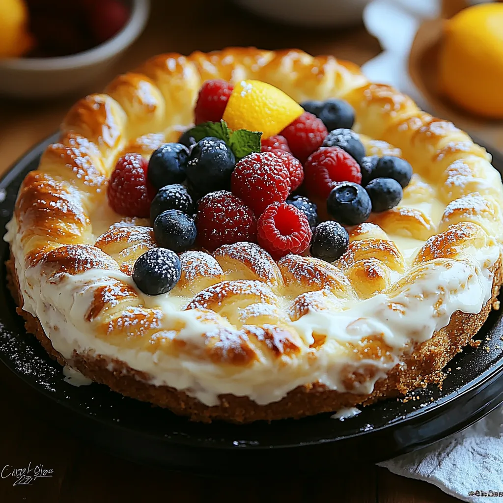 A slice of cake with blueberries and raspberries on top.