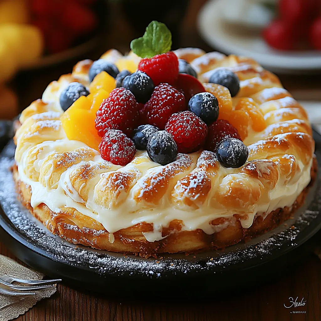 A cake with fruit on top.