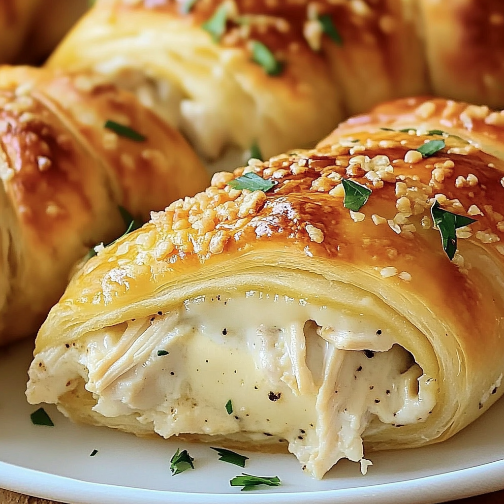 Chicken stuffed crescent rolls on a plate.