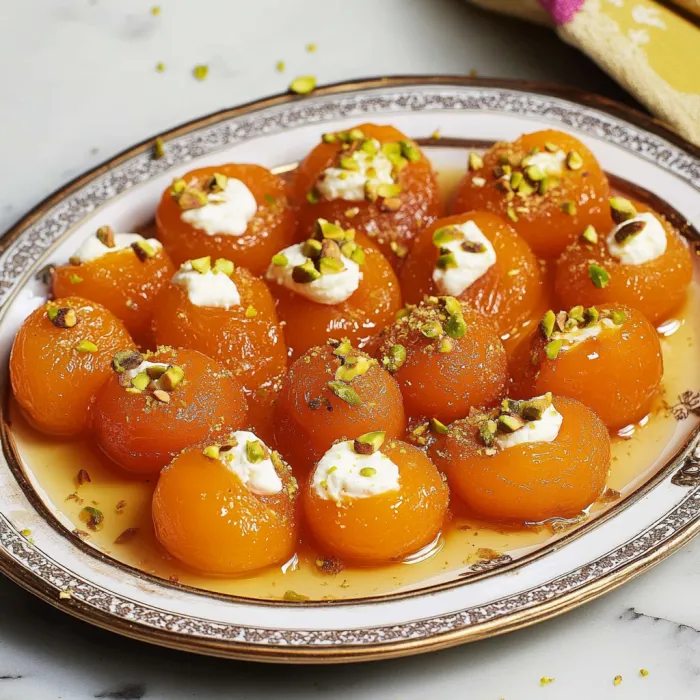 A plate of Turkish poached apricots with ricotta.