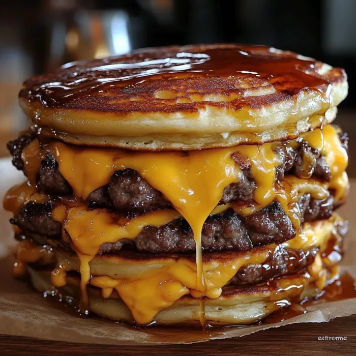 A stack of pancakes with a smash burger on top.