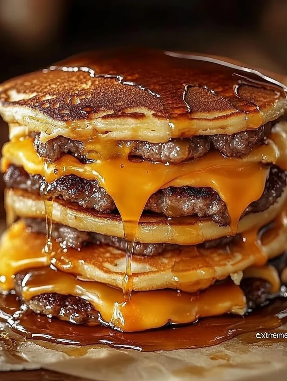 A stack of pancakes with a smash burger on top.