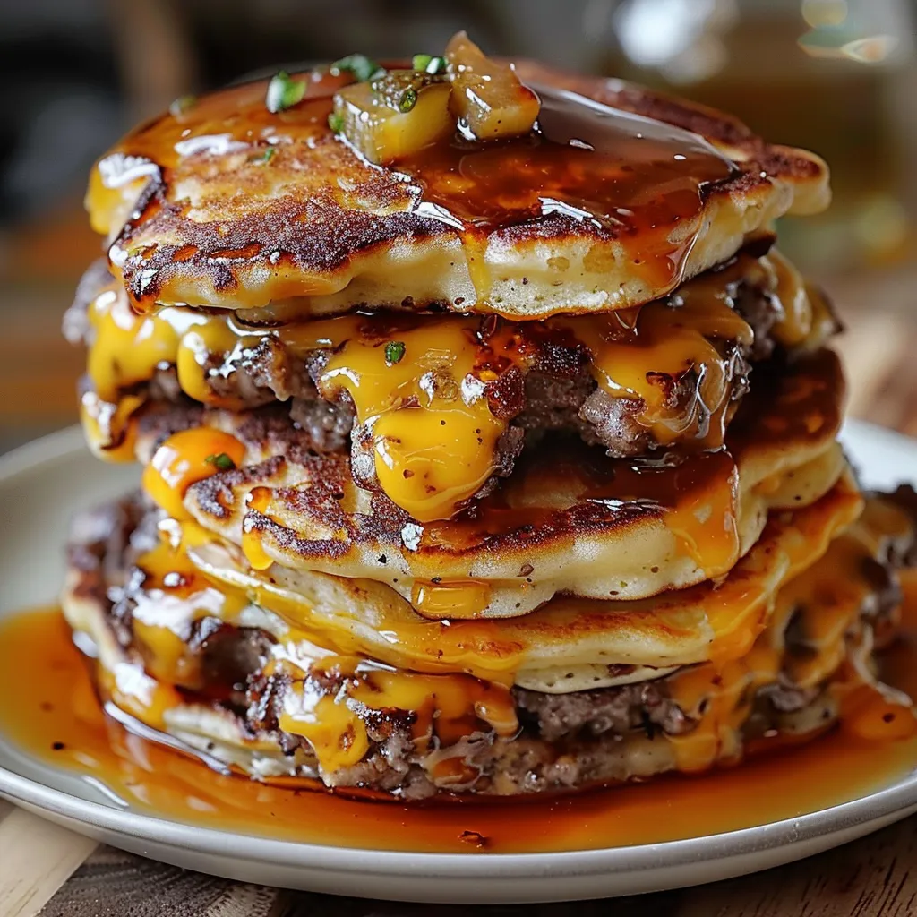 A stack of pancakes with meat on top.