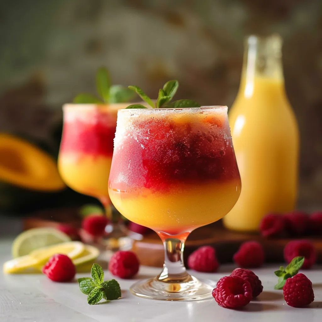Two glasses of red and yellow drinks with raspberries on a table.