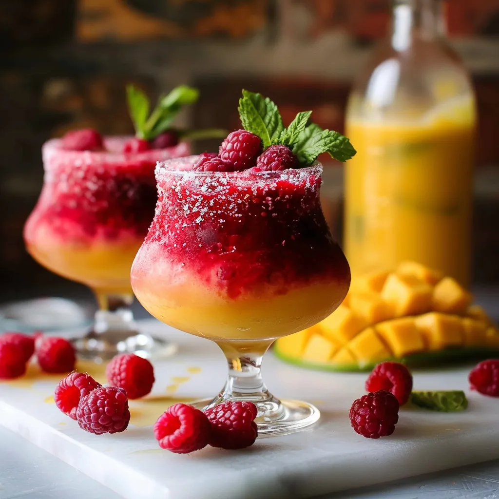 Two glasses of raspberry cocktails with a bottle of orange juice in the background.