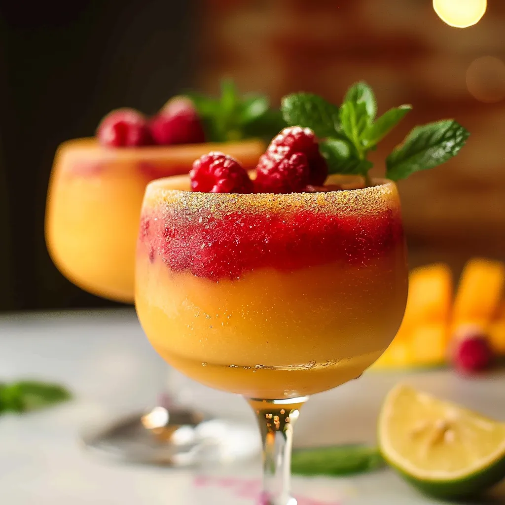 Two glasses of fruit juice with raspberries and mint.