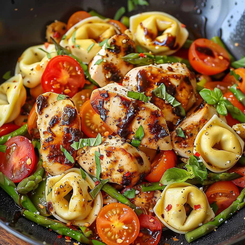 A bowl of food with chicken, tomatoes, and pasta.