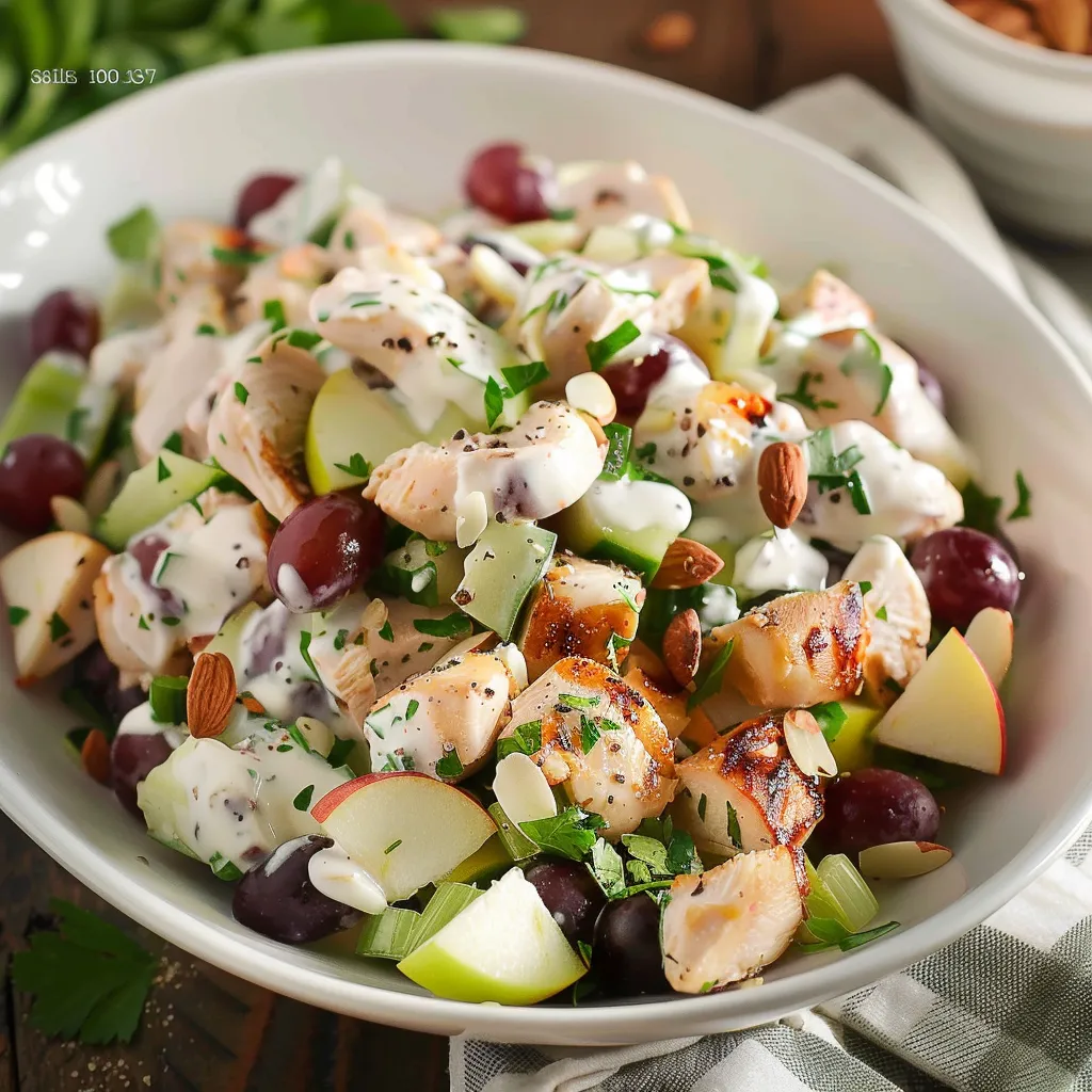 A bowl of food with grapes, chicken, and other vegetables.
