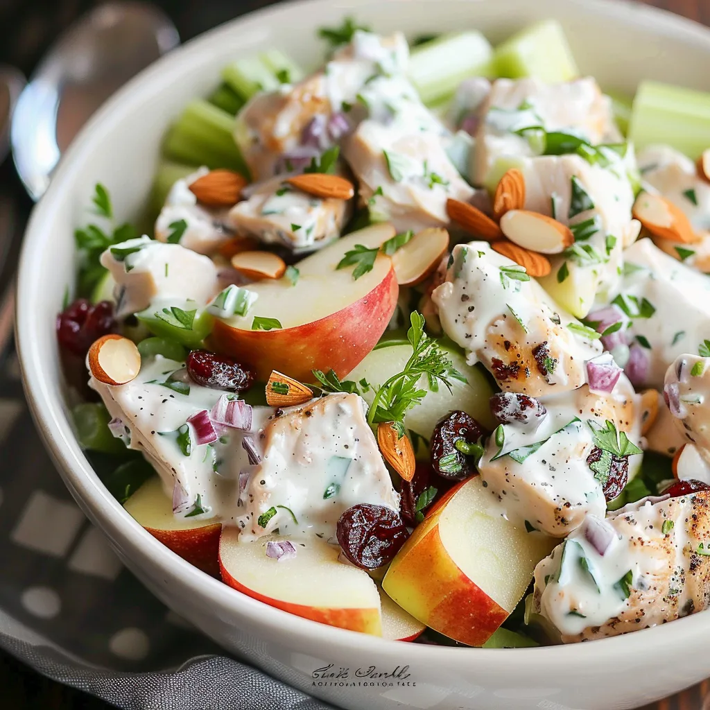 A bowl of food with chicken, apples, and other vegetables.