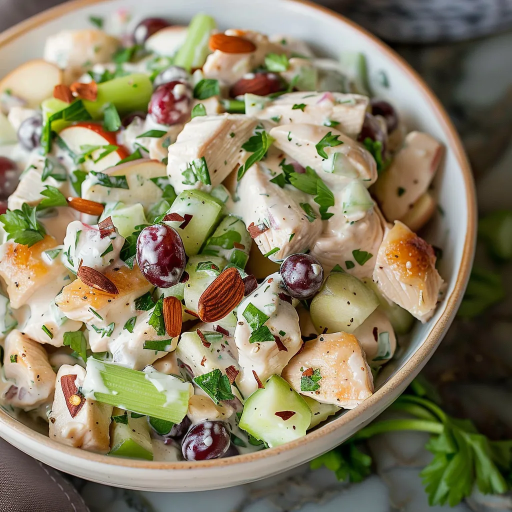 A bowl of food with chicken, cucumbers, and grapes.