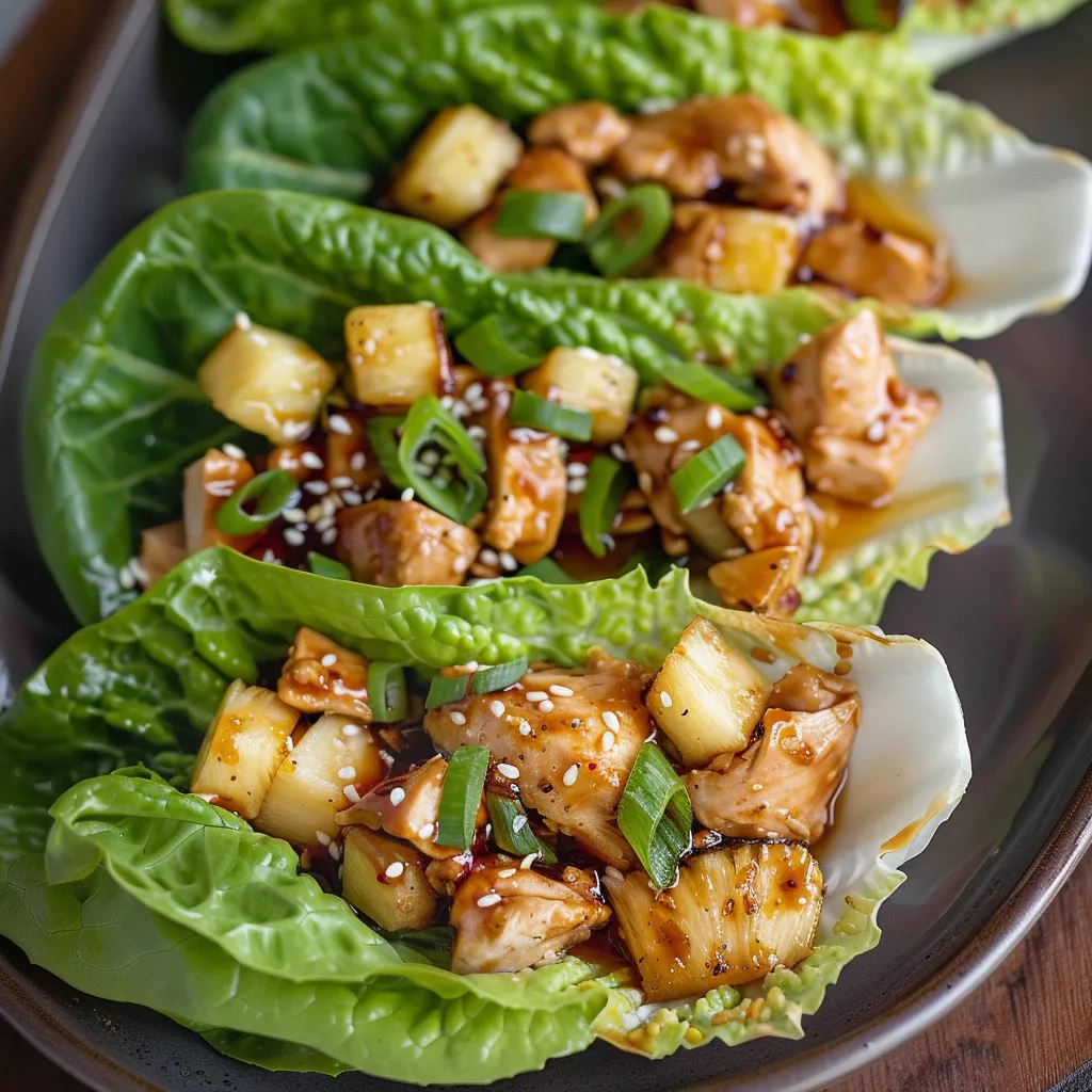 A plate of food with lettuce wraps and chicken.
