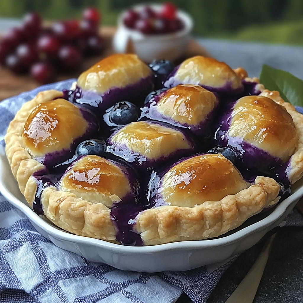 A blueberry tart in a white bowl.