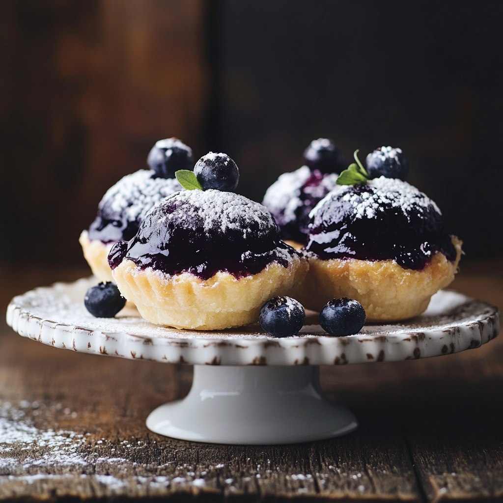 A plate with two blueberry tarts.