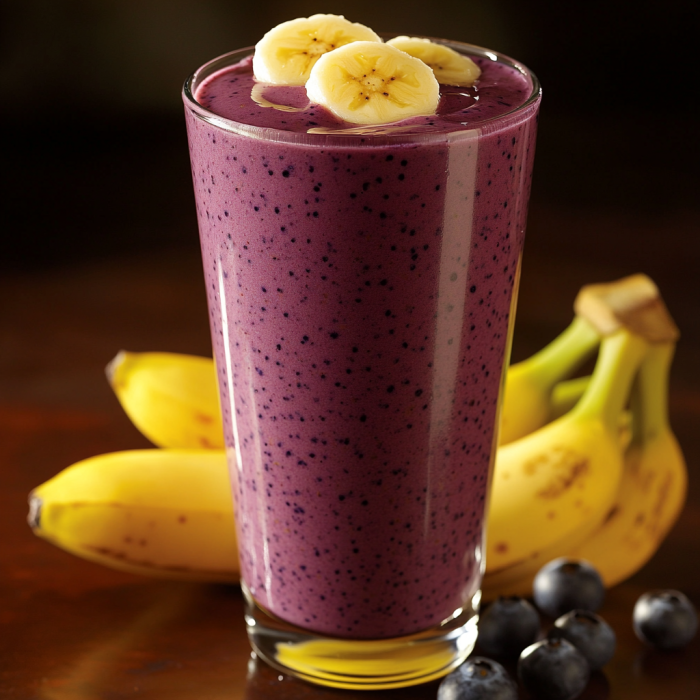 A glass of blueberry smoothie with bananas on the side.